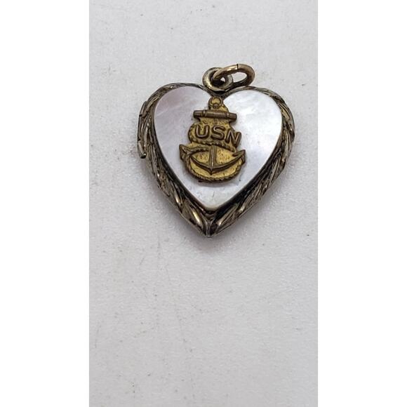Vintage Sterling Silver WWII Heart Locket USN Navy Anchor Pendant Charm MOP